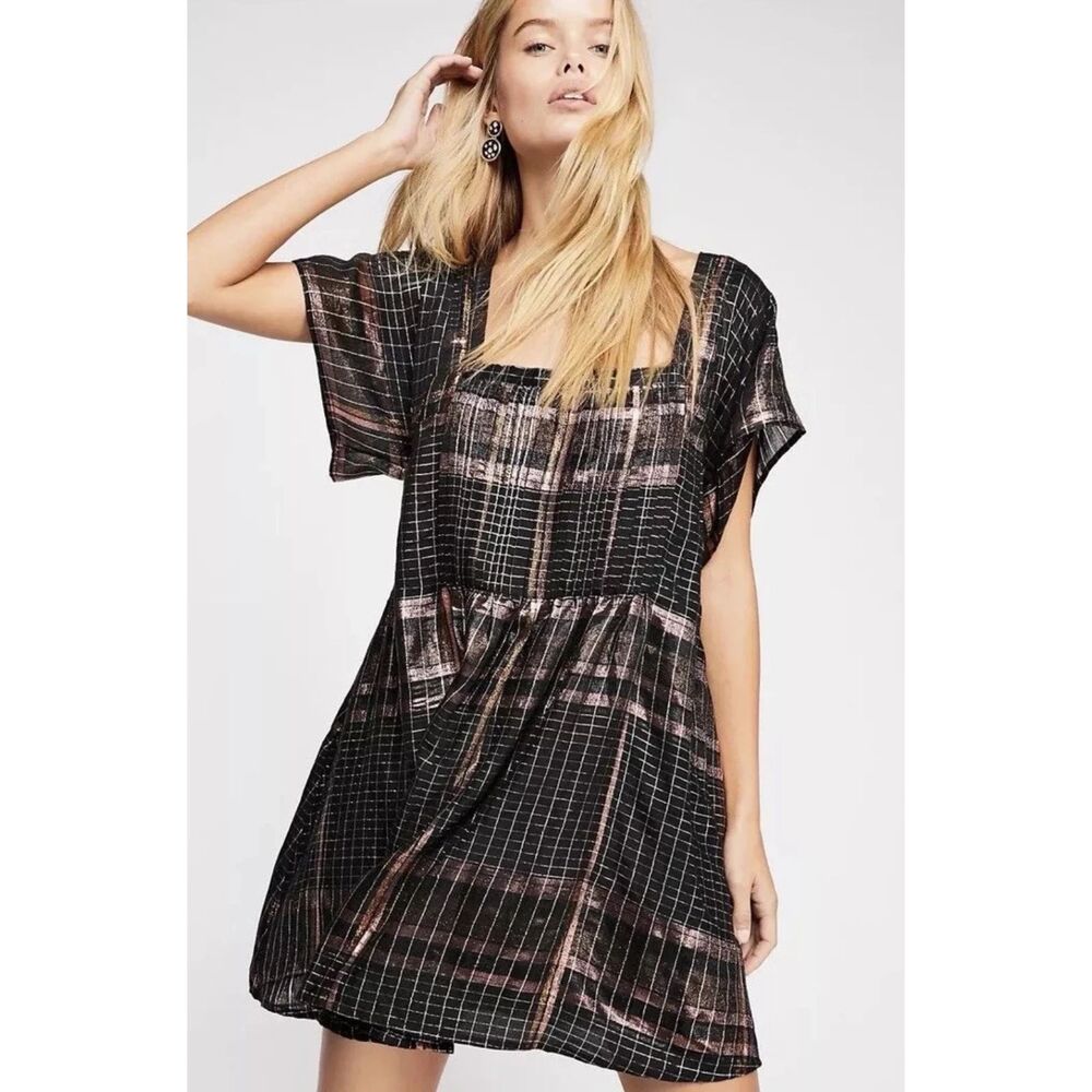 Free People Barcelona Metallic Plaid Pintuck Mini Dress in Black & Bronze size S